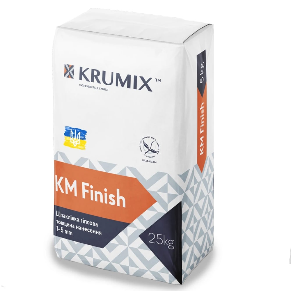 Мішок штукатурки Krumix KM Finish 25 кг з українським прапором.
