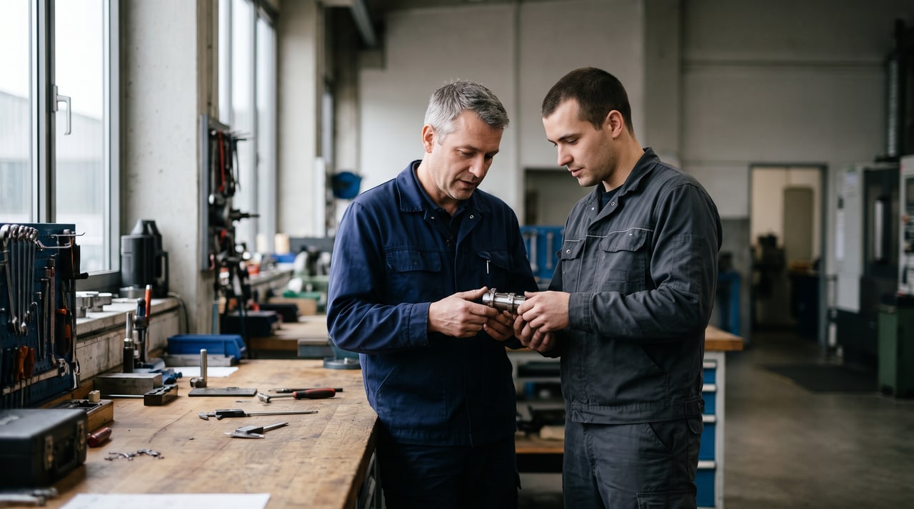Betriebsinhaber und Bewerber begutachten gemeinsam ein Metallbauteil an einer Werkbank in einer Werkstatt.
