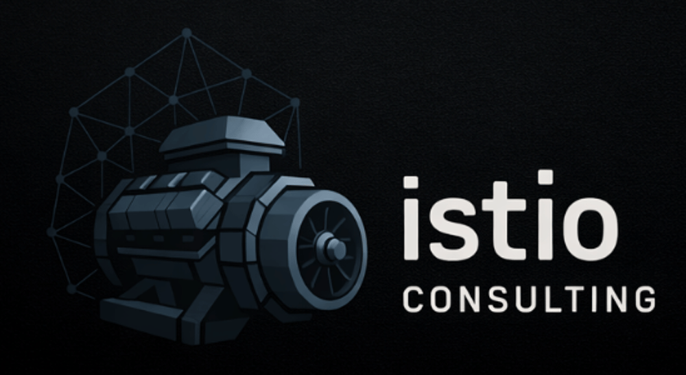 istio CONSULTING Logo: Dunkelgraues Triebwerk mit Netzwerkgitter im Hintergrund, daneben weißer Text "istio CONSULTING".