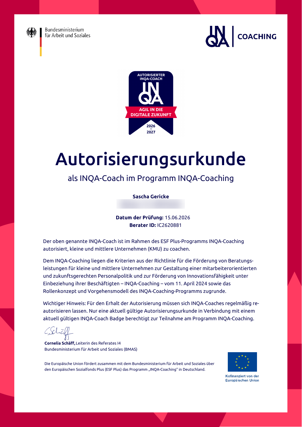 Autorisierungsurkunde als INQA-Coach, ausgestellt vom Bundesministerium für Arbeit und Soziales