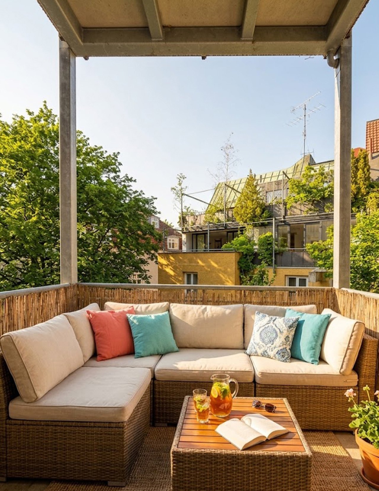 Südwestbalkon mit Blick in den Innenhof (KI-Staging)