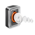 3D-Icon eines metallischen Terminals mit leuchtendem Ring und davor schwebenden Benutzerprofil-Symbolen auf schwarzem Grund.