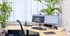 Büro mit hellem Holzschreibtisch, zwei Monitoren, schwarzem Bürostuhl und grünen Pflanzen vor einem Fenster mit Jalousien.