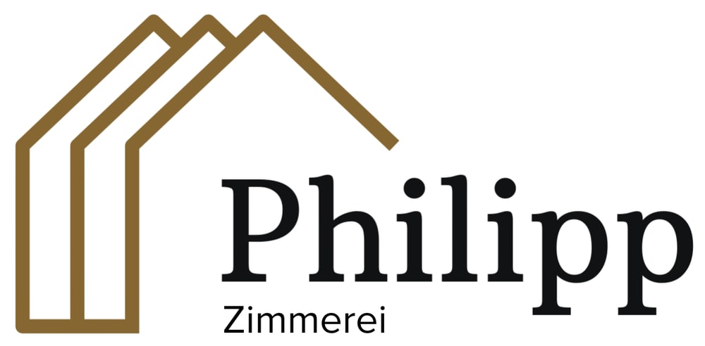 Logo der Zimmerei Philipp mit braunen Hausumrissen und schwarzem Schriftzug auf weißem Hintergrund.