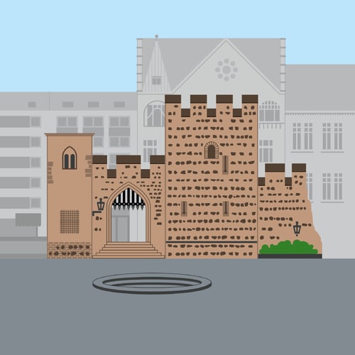 Illustration des Sterntors in Bonn mit Bruchsteinmauer und Zinnen