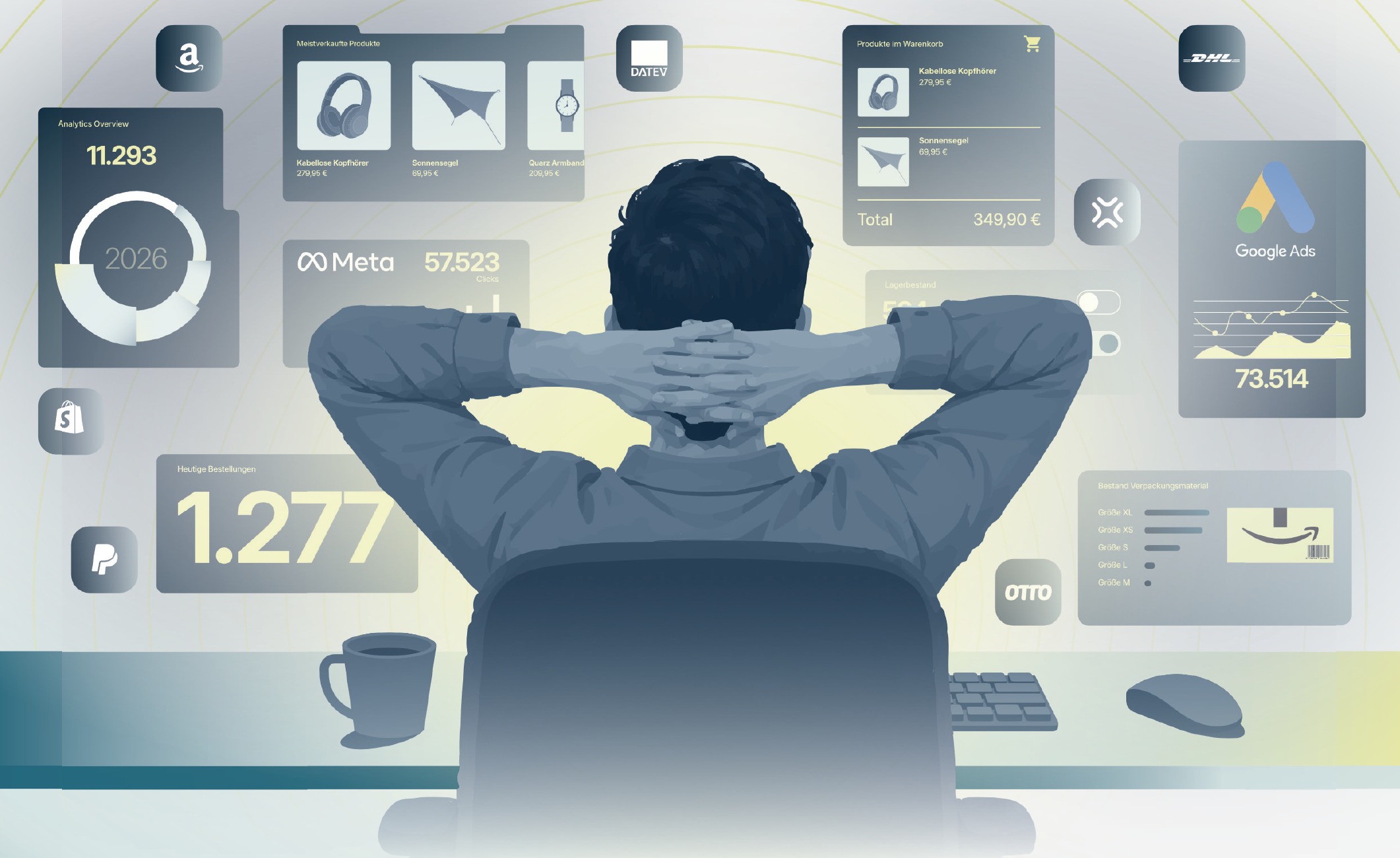 Originalillustration aus dem Report: Ein Händler lehnt sich zurück, während seine verknüpften E-Commerce-Abläufe im Hintergrund zusammenlaufen. Die dargestellten Kennzahlen sind illustrative Beispiele.
