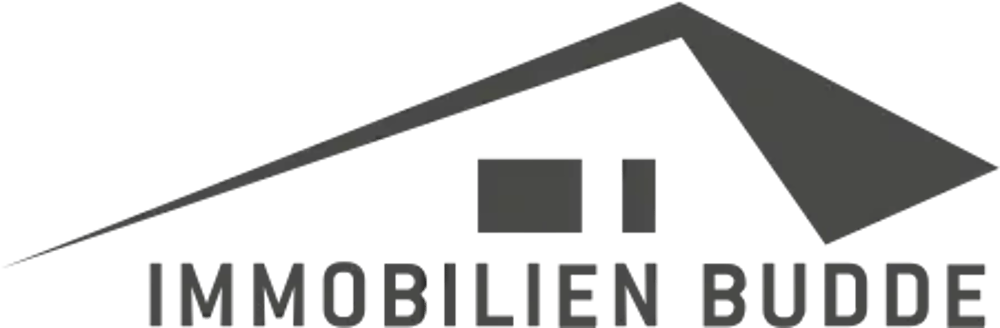 Graues Dachlogo mit Schriftzug "IMMOBILIEN BUDDE".