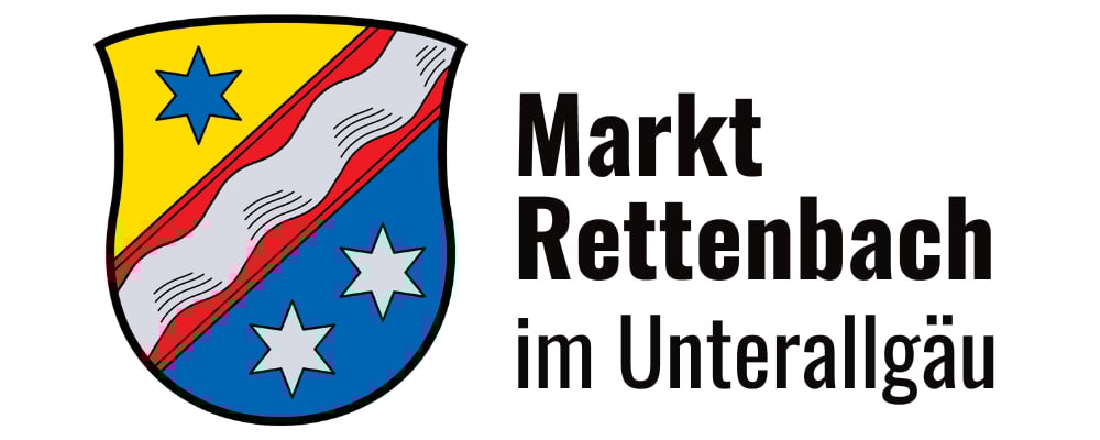 Wappen von Markt Rettenbach im Unterallgäu, mit gelbem Feld, blauem Stern, rotem Band, silbernen Wellen und zwei weißen Sternen.