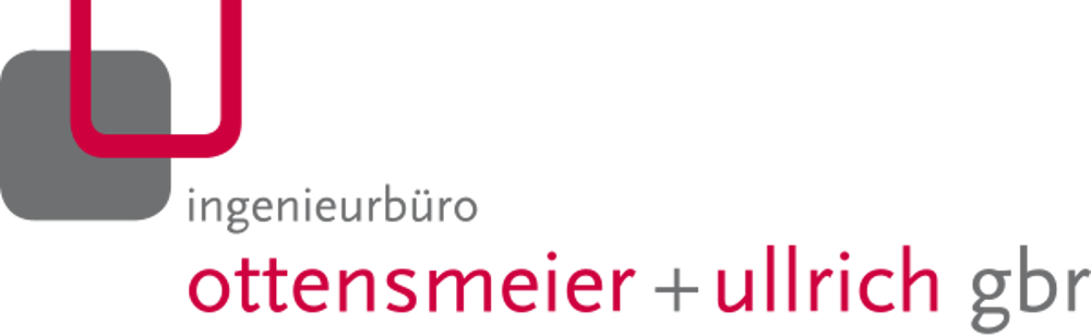 Logo des Ingenieurbüro Ottensmeier + Ullrich GbR mit grauen und roten quadratischen Elementen auf schwarzem Hintergrund.