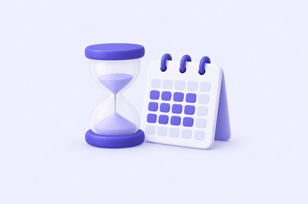 Illustration: Sanduhr und Kalender mit drei markierten Wochen