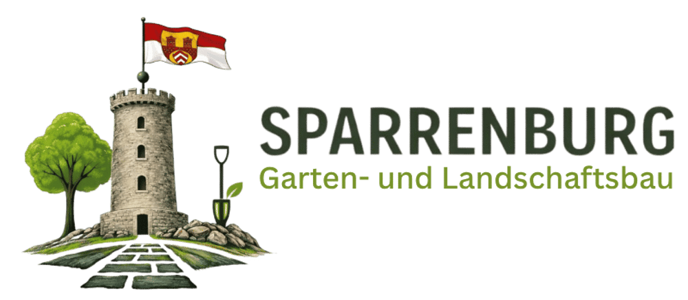 Logo der Sparrenburg Garten- und Landschaftsbau mit Burgturm, Baum und Spaten auf schwarzem Hintergrund. Experte in Ostwestfalen Lippe (OWL)