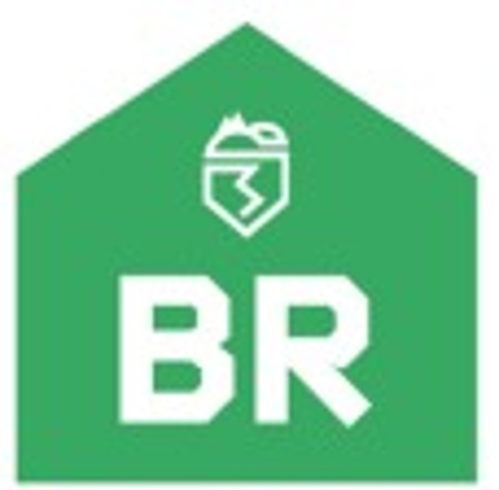 Grünes Haus-Logo mit weißem Schild, Berg und der Zahl 3, darunter die Buchstaben BR.