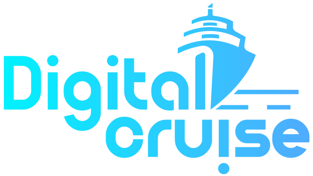Digital Cruise Logo mit einem stilisierten Kreuzfahrtschiff anstelle des "i" in "Digital" und dem "i" in "cruise".