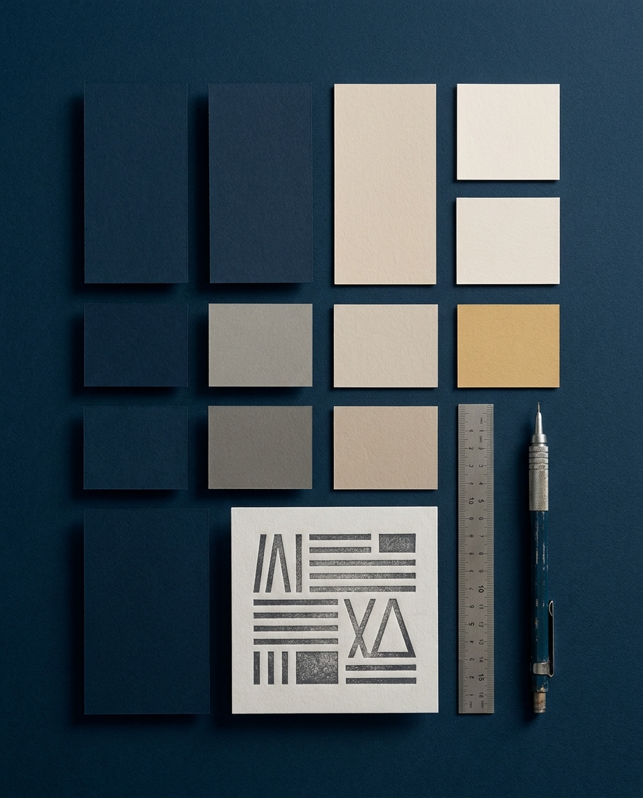 Design-System mit Farbmustern, Lineal und Stift