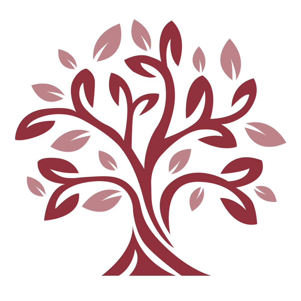 Stilisiertes Baumlogo mit braunem Stamm und Ästen, sowie rosa und hellrosa Blättern auf dunkelgrünem Hintergrund.