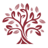 Abstraktes Baumlogo mit rotem Stamm und Ästen sowie rosa Blättern auf dunkelgrünem Hintergrund.
