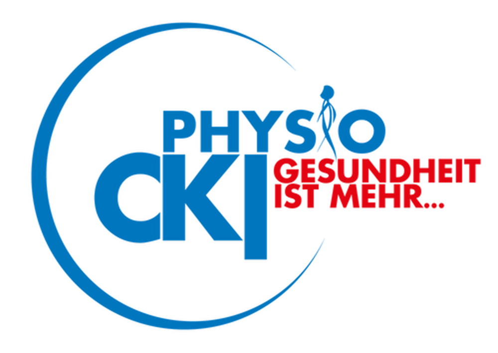 Logo von Physio CKI mit dem Slogan Gesundheit ist mehr und einer stilisierten menschlichen Figur vor schwarzem Hintergrund.