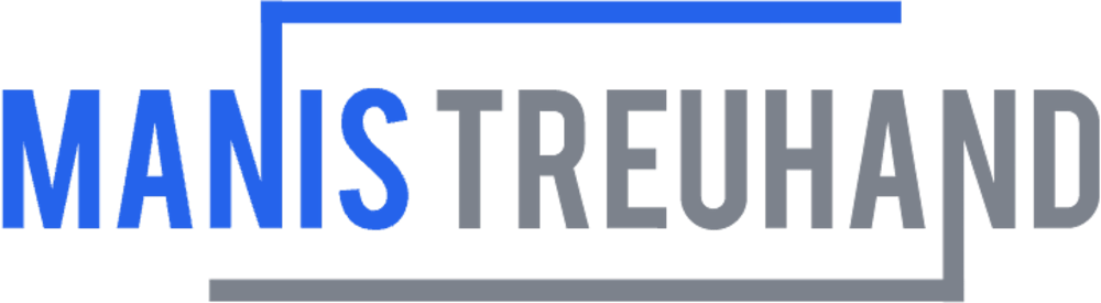 MANIS TREUHAND Logo in Blau und Grau mit umrandenden Linien.