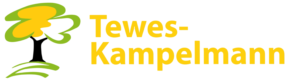 Logo der Firma Tewes-Kampelmann mit gelber Schrift und abstraktem grün-gelben Baum-Symbol auf schwarzem Hintergrund.