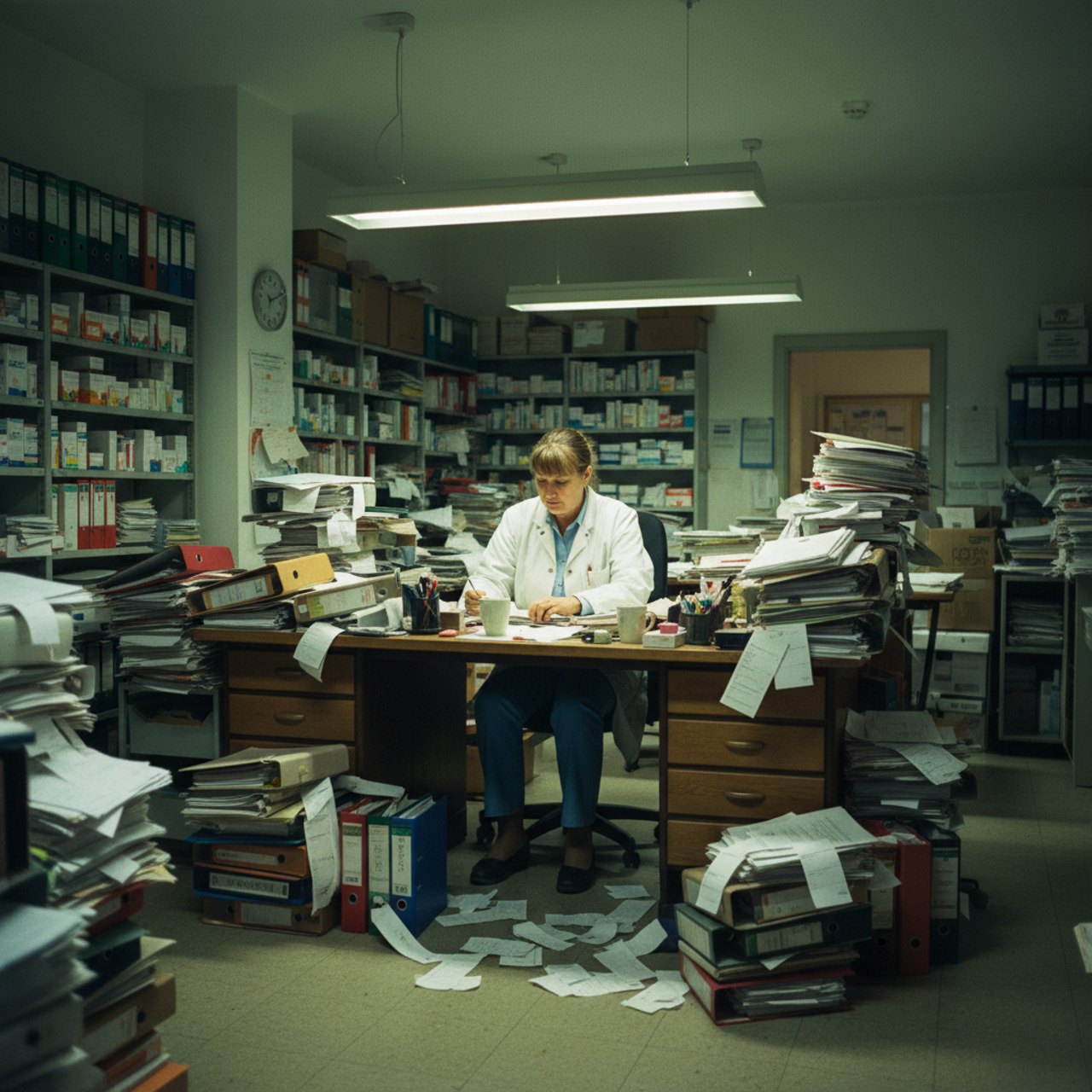 Chaotisches Backoffice mit Papierstapeln und Zetteln