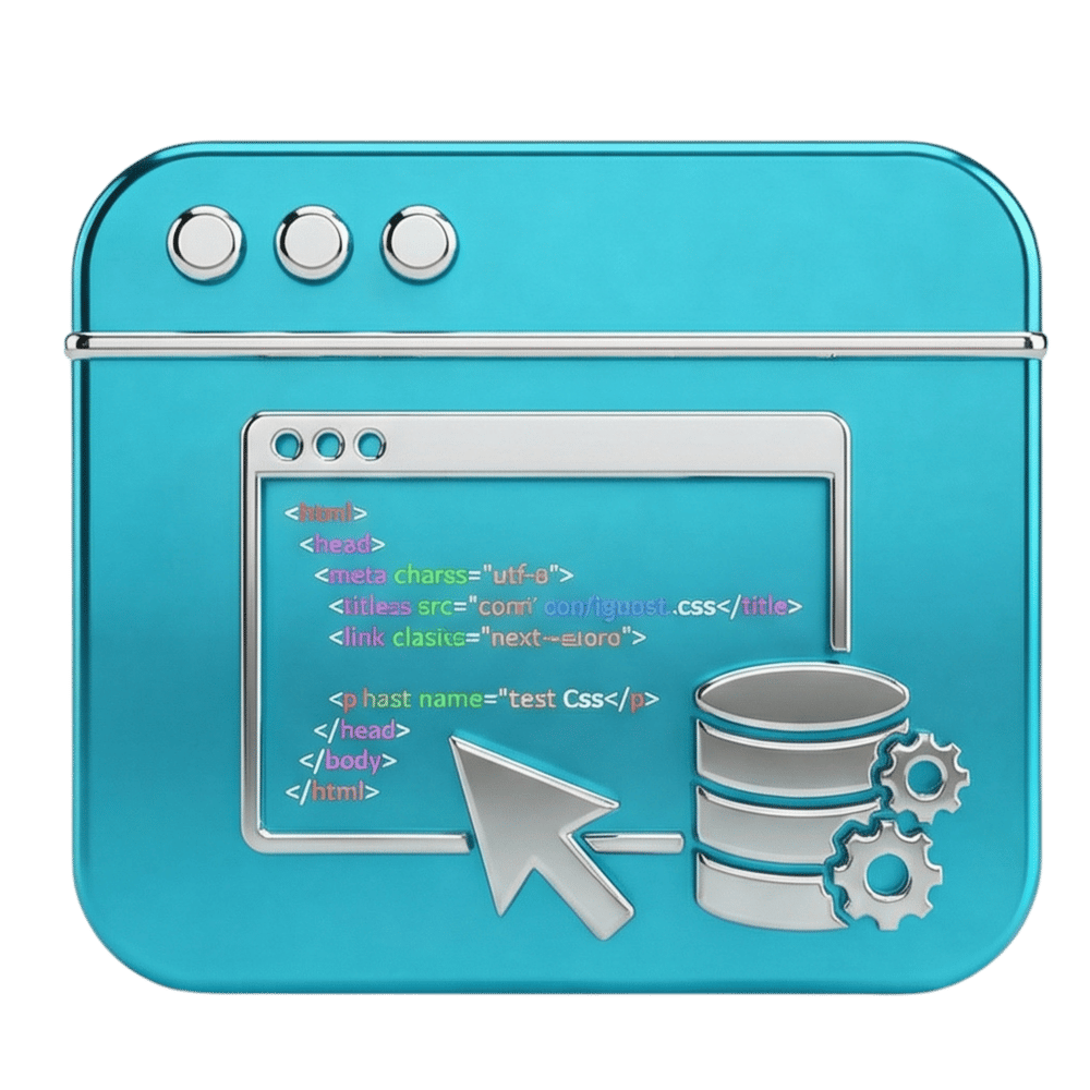 Blaues 3D-Browsersymbol mit HTML-Code, Datenbankstapel, Zahnrädern und Cursor.