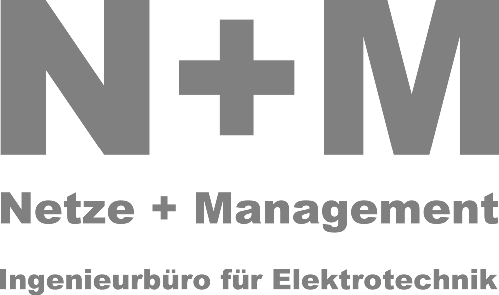 Graues "N+M" Logo mit "Netze + Management Ingenieurbüro für Elektrotechnik" darunter.