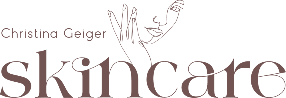 Logo von Christina Geiger Skincare mit einer Strichzeichnung eines Gesichts und einer Hand auf schwarzem Hintergrund.