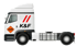 Weißer LKW-Sattelzug mit K&F-Logo und rotem Doppelschrägstrich, orangefarbenem ADR-Schild an der Tür.