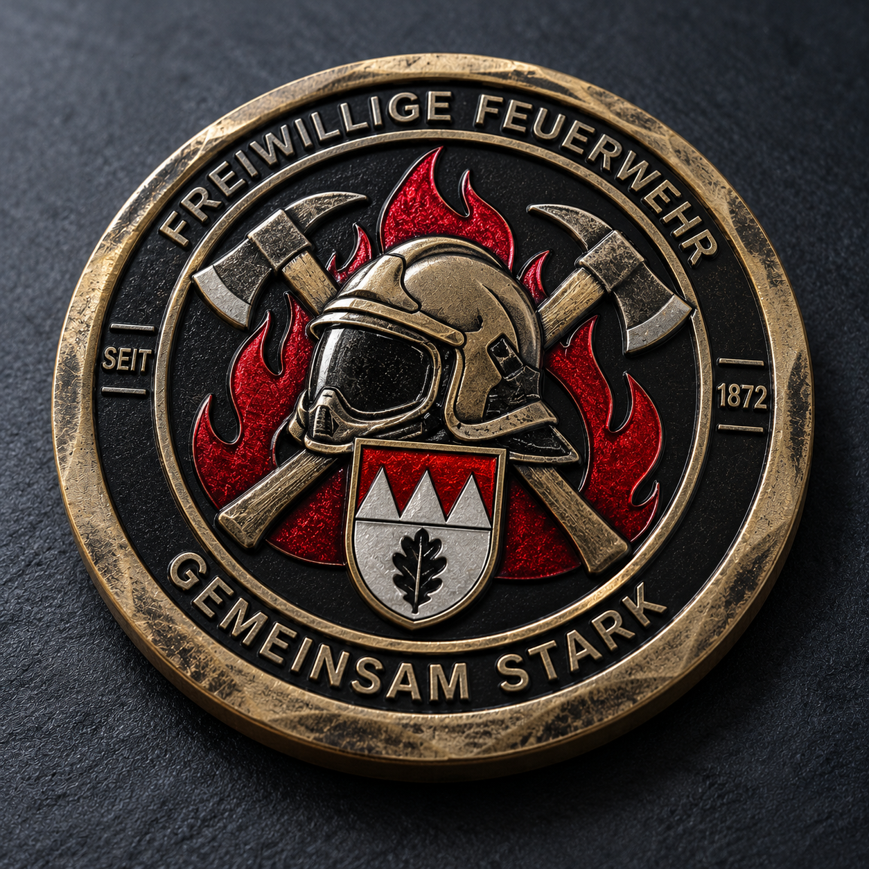 Coin mit Feuerwehr-Wappen und Standortbeschriftung