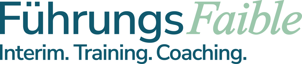 Logo von FührungsFaible mit dem Untertitel Interim, Training, Coaching in blauen und grünen Farbtönen auf schwarzem Grund.