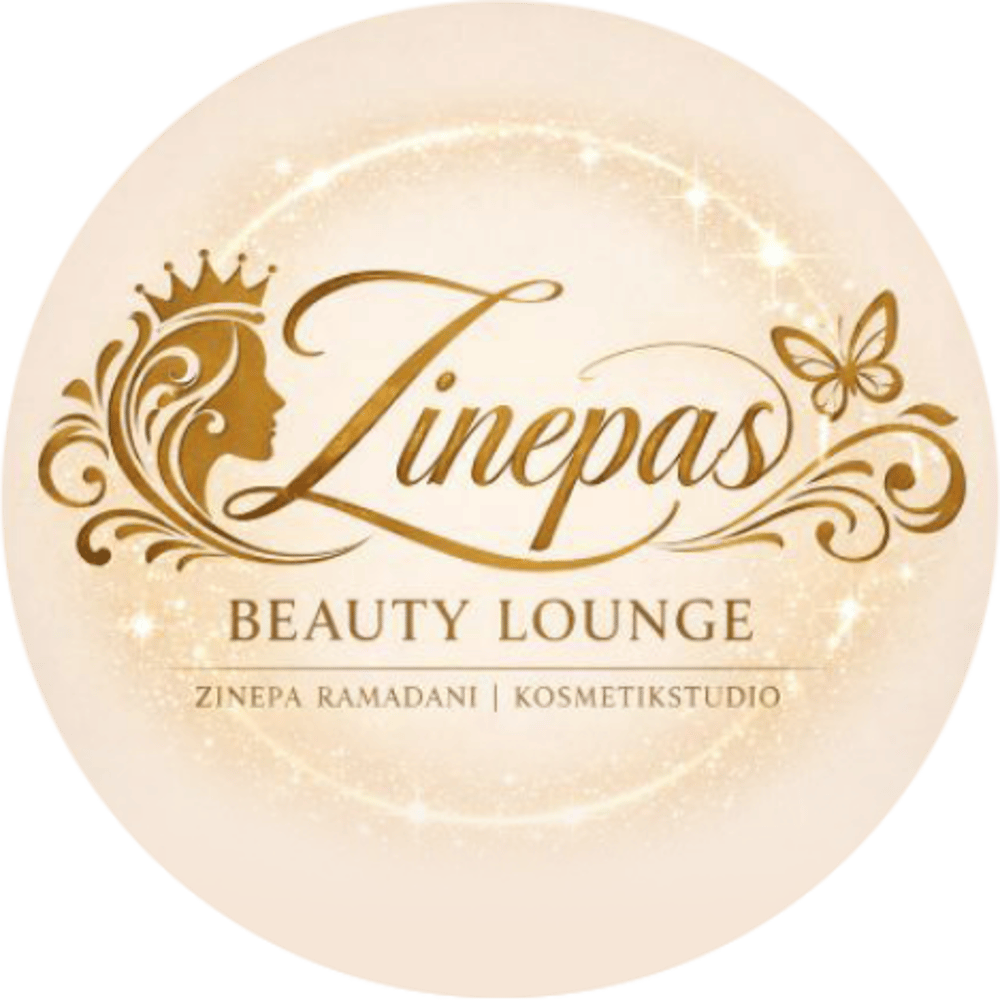 Rundes goldenes Logo mit "Zinepas Beauty Lounge", weiblicher Silhouette mit Krone, Schmetterling und "ZINEPA RAMADANI | KOSMETIKSTUDIO".