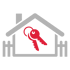 Graues Haus-Symbol mit Schornstein und Zaun, rote Schlüssel im Inneren.