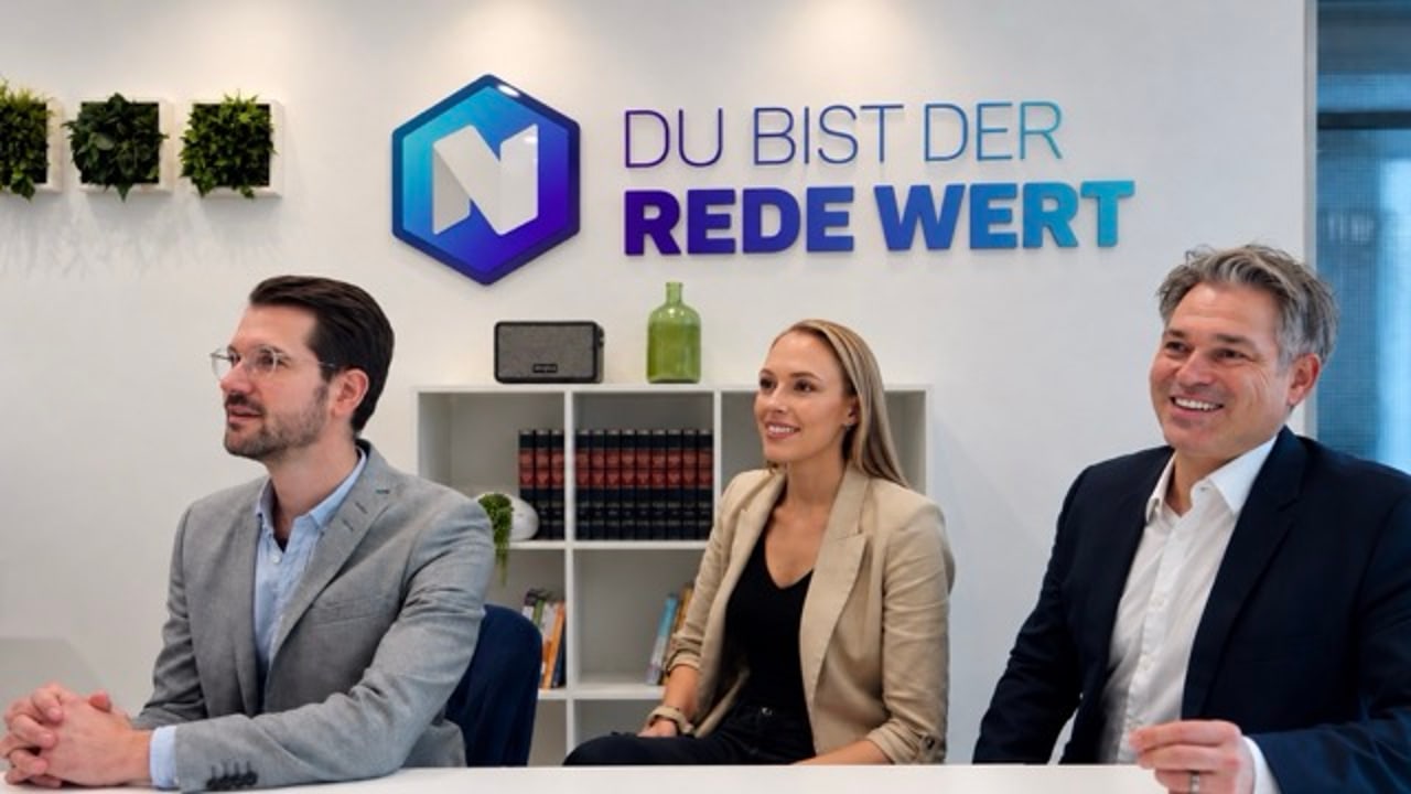 Drei Teilnehmende im Gespräch vor der Wand mit dem Logo Du bist der Rede wert