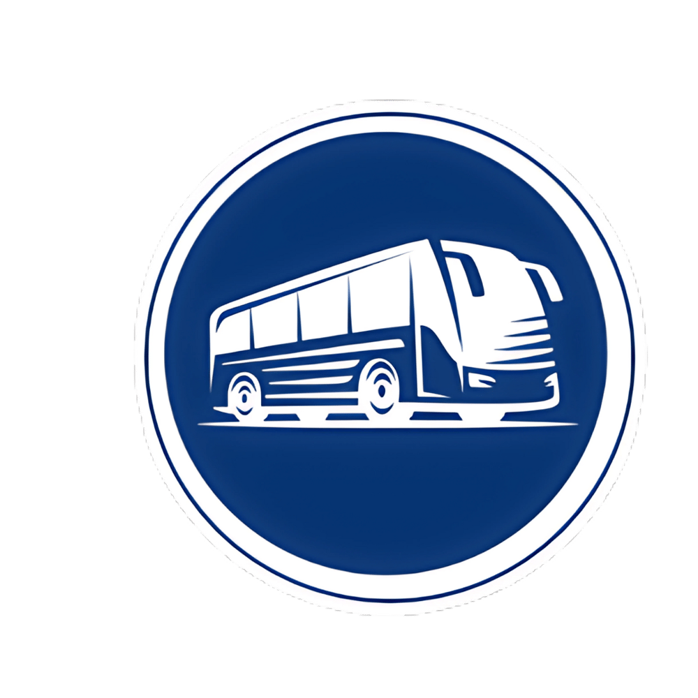 Ein weißer Reisebus fährt auf einem dunkelblauen Kreis mit weißem Rand.