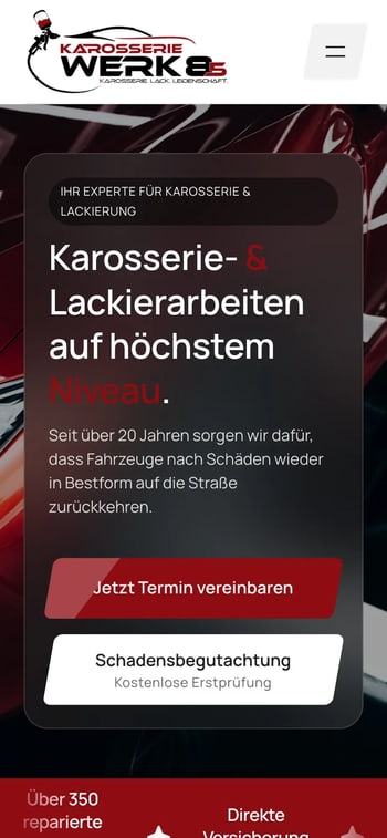 Website von Karosseriewerk 85 in der Handy-Ansicht