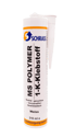 Schrass MS Polymer 1-K-Klebstoff in einer weißen 310 ml Kartusche mit Dosierspitze auf schwarzem Hintergrund.
