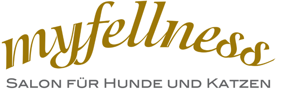Schriftzug "myfellness" in Gold, darunter "SALON FÜR HUNDE UND KATZEN" in Grau.