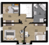 Grundriss des Obergeschosses mit Schlafzimmer, 2 Kinderzimmern, Bad und Flur.