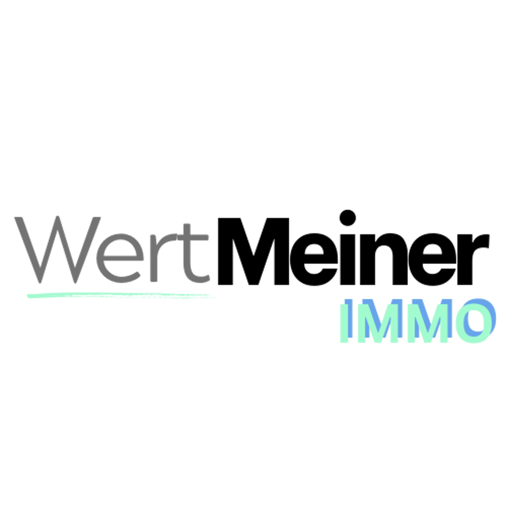 Textlogo "WertMeiner IMMO" in Grau, Schwarz und Türkis auf dunkelgrünem Hintergrund.