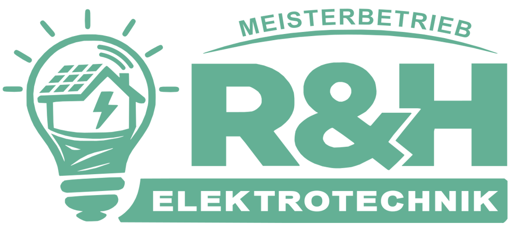 Logo von R&H Elektrotechnik Meisterbetrieb mit Glühbirne, Haus-Symbol, Solarzellen und Blitz auf schwarzem Hintergrund.