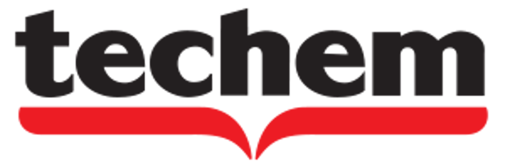 Schwarzes "techem" Logo über rotem, geschwungenem Unterstrich.