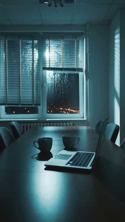 Konferenzraum am Abend, Laptop auf dem Tisch