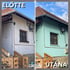 A house exterior before and after painting: left side shows a white wall with "ELŐTTE," right side shows a light blue wall with "UTÁNA."