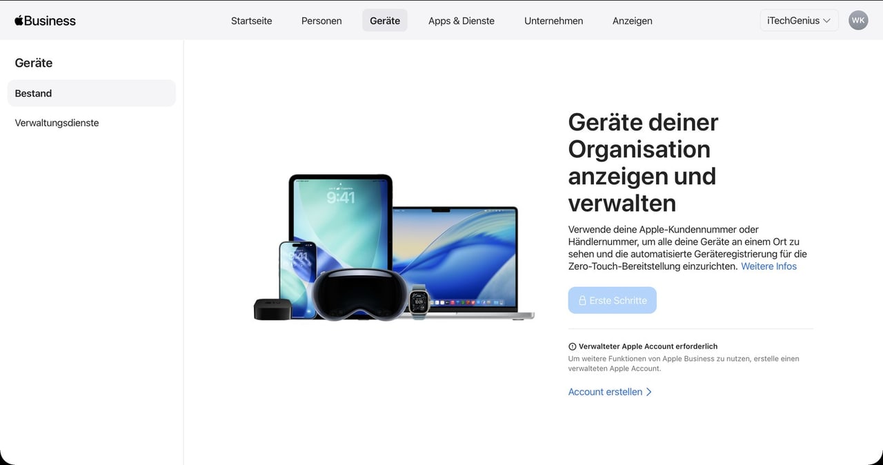 Bildschirmfoto von Apple Business: Geräte der Organisation anzeigen und verwalten