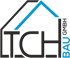 Logo der TCH BAU GMBH mit stilisierten Hausumrissen in Grau und Blau auf schwarzem Hintergrund.