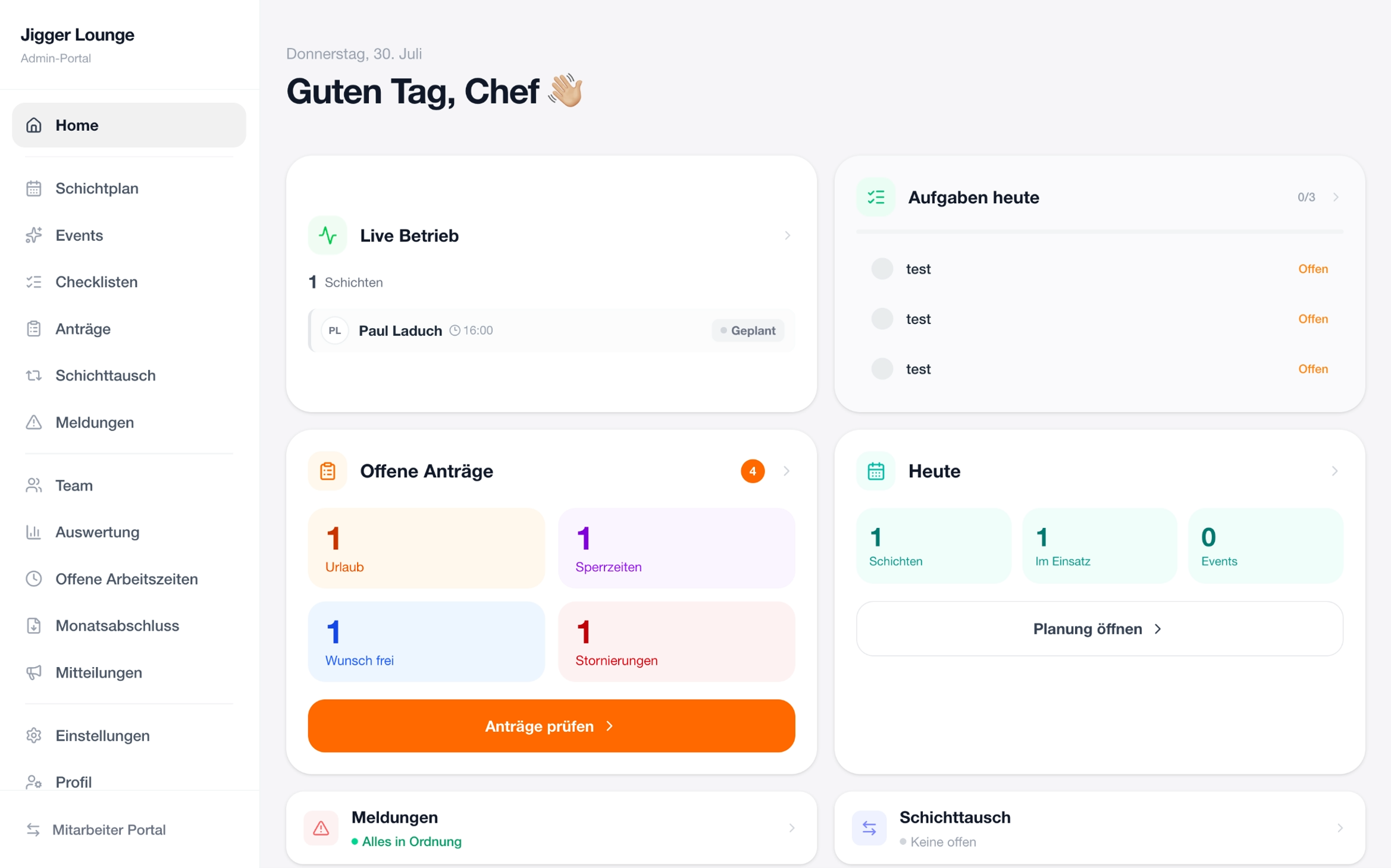 cohra Admin-Portal mit dem Schichtplan eines Teams