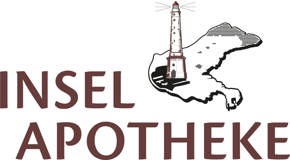 Insel Apotheke Logo mit Inselumriss und Leuchtturm.