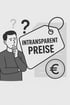 Mann mit Fragezeichen über dem Kopf blickt auf Preisschild mit der Aufschrift „INTRANSPARENT PREISE“ und ein Euro-Münzsymbol.