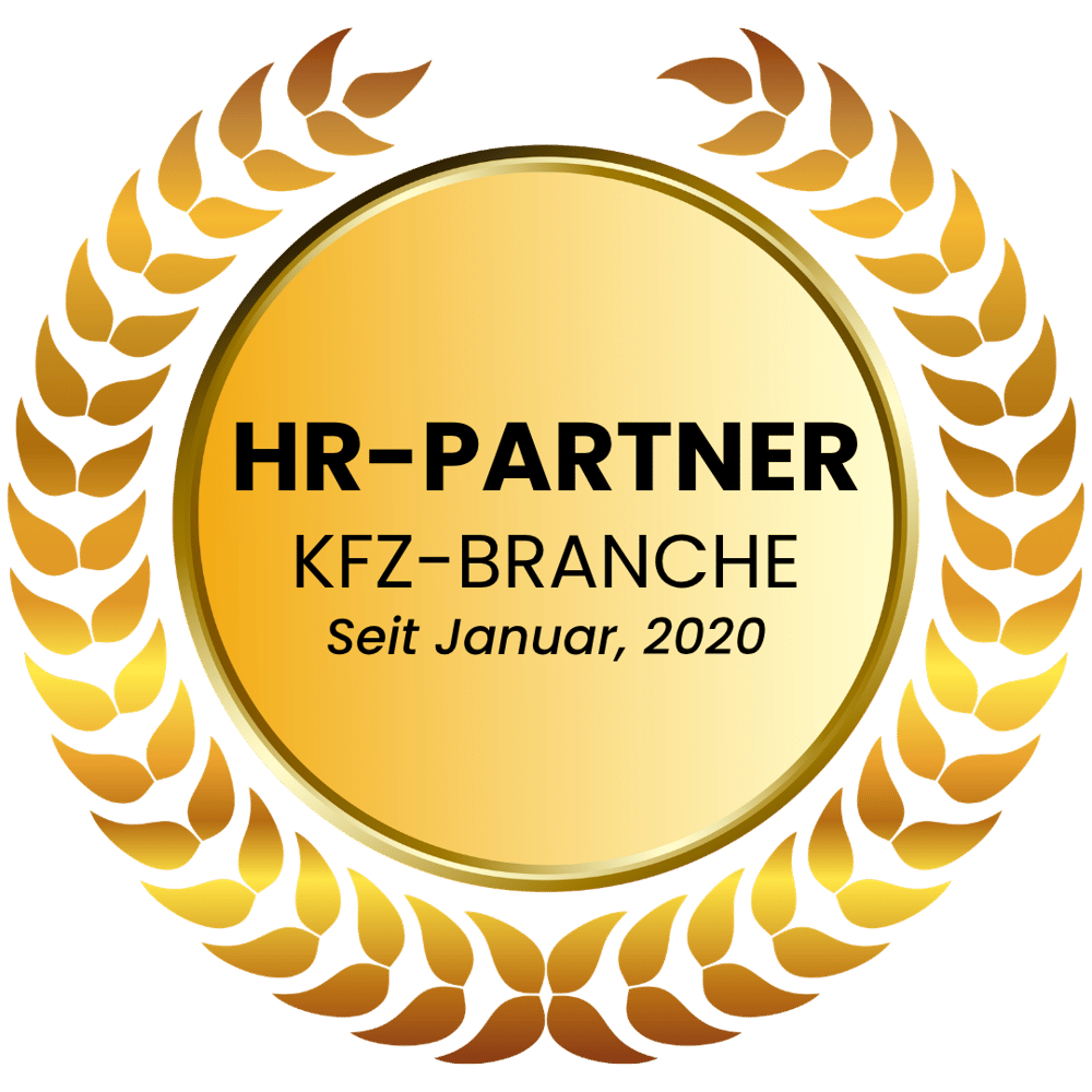 Goldenes Siegel mit Lorbeerkranz, Text "HR-PARTNER KFZ-BRANCHE Seit Januar, 2020" auf grünem Hintergrund.