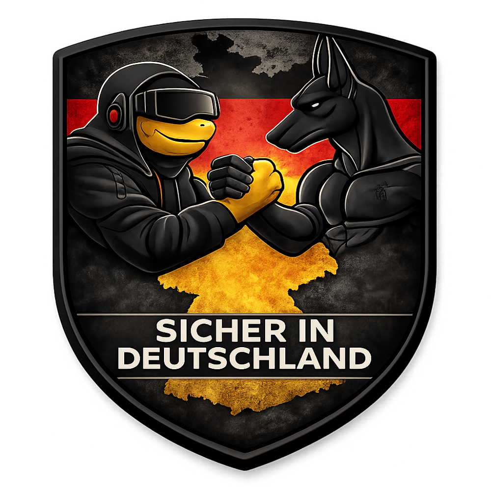 Ein muskulöses, hundeähnliches Tier mit verschränkten Armen vor einem Schild und Pflanzen.